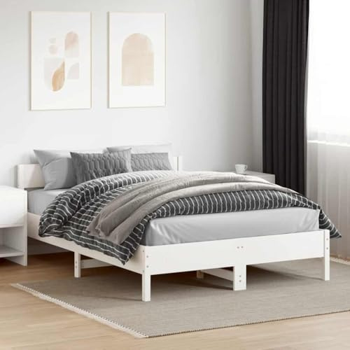 Natulvd Queen Plattform-Bettgestell mit Kopfteil aus Holz, Bettgestell aus massivem Kiefernholz mit extra Beinstütze, kein Boxspringbett nötig (160x200 cm, Weiß)