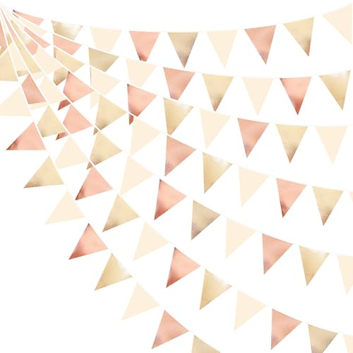 32Ft Champagne Gold Rose Gold Beige Banner Triangle Flag Party Decorations Metallic Fabric Pennant Bunting Garland for Birthday Wedding Baby Shower Bridal Shower Engagement Graduation Party