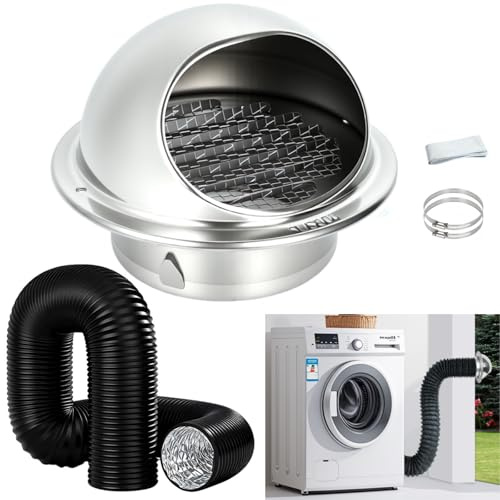 100mm Bull-Nose External Vent Cover & Tumble Dryer Vent Hose, Stainless Steel Round Dryer Vent Cover Outside with Louvres, Fly Screen, Wall Vent Outlet for Bathroom, Kitchen, Home