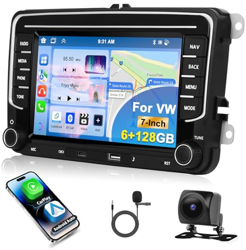 Motorsi 6GB+128GB Android Auto Autoradio per VW Golf 5 6 Tiguan Touran Passat Polo Skoda Seat, Carplay Stereo Auto Touchscreen GPS Navi WiFi FM/RDS SWC Canbus Bluetooth EQ + Telecamera Posteriore