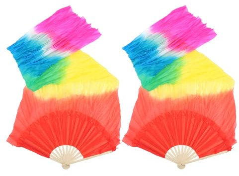 PRETYZOOM 2pcs Long Silk Ribbon Dance Fans for Belly Dancing Colorful Gradient Multi-color Silk Veil Fans with Frame Lightweight Dancing Props for Cultural and Stage Performances