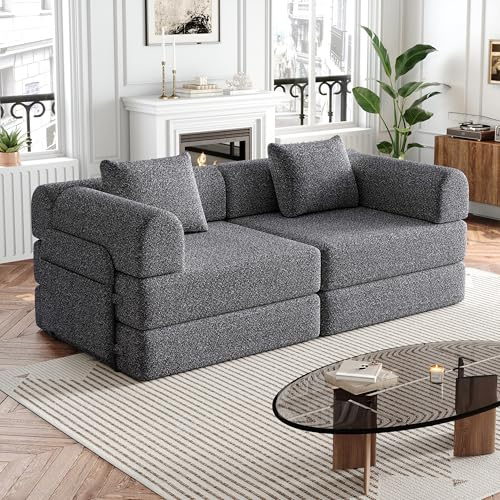 ECLIVON Sofá Cama Plegable con Respaldo y Almohada, Sofás con Estructura de Metal y Reposabrazos, Sofá Matrimonio Convertible para Salón Dormitorio, con Bolsa de Almacenamiento, Chenilla, Gris