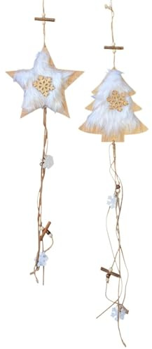 MACOSA CO84086 Weihnachtsdeko 2er Set Tannenbaum Stern Holz Weiß Fell Christbaumschmuck Dekohänger Hängedekoration Weihnachten Winter Winterdeko Tannenbaumschmuck Christbaum Deko (Weiß)