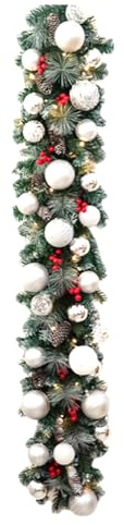 Guirnalda iluminada – Decoraciones con bolas brillantes artificiales y LED, guirnalda suave de pino – para interiores, ventanas, porches, patios, jardines, oficinas, cocinas, puertas, patios y