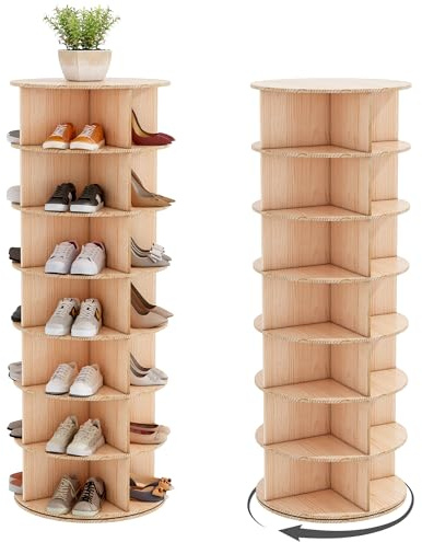 Wumagin Drehbares Schuhregal mit 7 Ebenen, Multifunktionale Schuhablage Schmal, Schuhregal Drehbar 360, Aufbewahrung, Rundes Vertikale Handtasche, Schuhregal Schmal, Schuhablagen-Naturholzfarbe