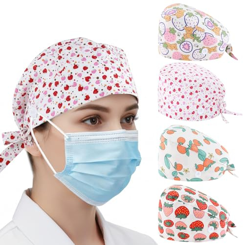 Ziyonix 4 Stück OP Haube Baumwoll Peeling-Mütze mit Schweißband und Knöpfen Chirurgische Hut Staubkappe Verstellbar Bandana Cap Kochmütze für Damen Herren