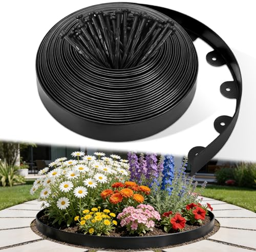 JUOIFIP Bordure Jardin Plastique 20 mètres, Bordure de Jardin Flexible 5 cm avec 120 Piquets, Bordure de Pelouse Noire pour Gazon, Massifs, Allées, Bordure Souple Jardin, Installation Facile