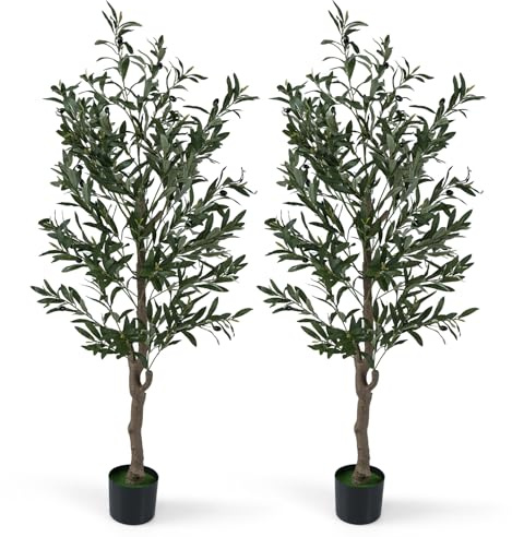 COSTWAY Lot de 2 Plantes Artificielles en Pot Hauteur 150CM, Olivier Artificiel avec Fruits et Mousses Réalistes Base Stable Tronc Robuste en PE, Arbres Faux Décoration pour Salon Bureau