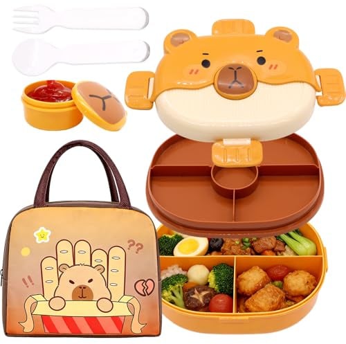 Capybara Brotdose mit Fächern, Bento Box mit Lunchtasche Besteck Tragbar Brotdose Set Faltbar Kühltasche Picknick Tasche Auslaufsichere Bento Boxen Frühstücksbox für Büro Picknick Schule Reise