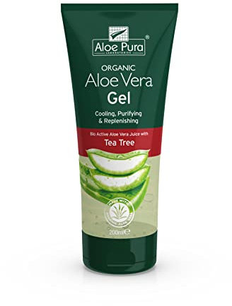 Aloe Pura Organic Aloe Vera Gel with Tea Tree, Natural, Vegan, Cruelty Free, Paraben & SLS Free, Cooling, Purifying, 200 ml