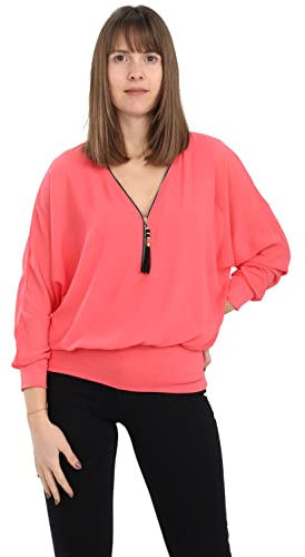 Malito Damen Bluse im Fledermaus Look | Tunika mit Zipper | Kurzarm Blusenshirt mit breitem Bund | Elegant - Shirt 6297 (Coral)