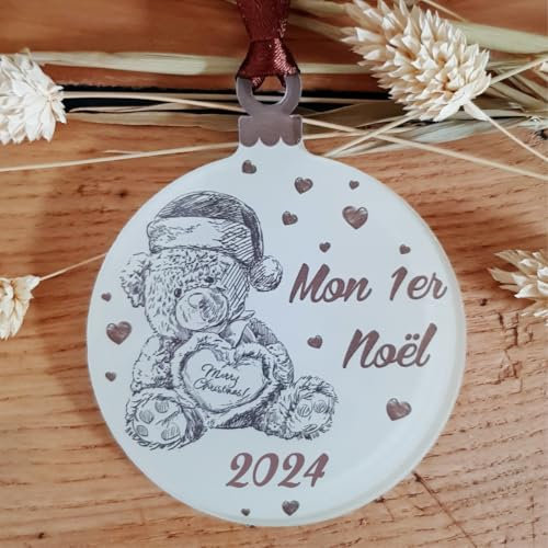 Décoration de Sapin - Mon Premier Noël – Sujet en Acrylique Mod.Nounours - (Alternative à la Boule 1er noël)