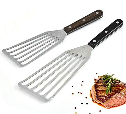 GuDoQi Fish Turner Set, 2 Pieces (11 inch & 12.5 inch), Professional Stainless Steel Spatula, Wooden Handle, Non Stick Frying Spatula for Cooking Egg, Meat, Dumpling