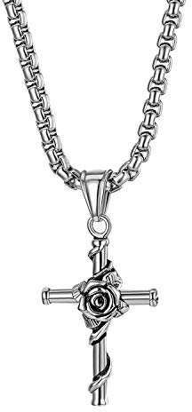 Flongo Herrenkette Männer Anhänger Kreuz Kette Halskette aus Edelstahl Anhänger Silber mit Rose Design Retro Biker Herren-Accessoires