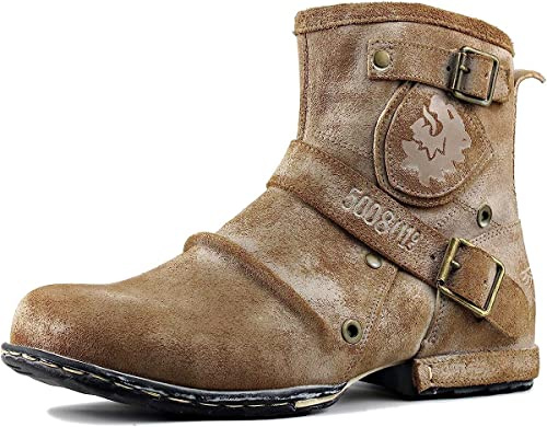 OSSTONE Chukka Stivali Cowboy Biker Boots Maschio Mens motociclo Botas cerniera su in Pelle Vitello Western retrò stile Uomo Stivali Piatto Caviglia Stivaletti Boots 5008-1-F-IT beige 11