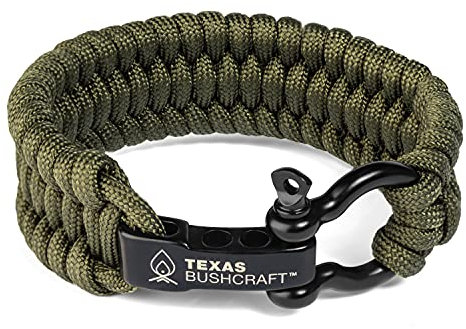 Texas Bushcraft Firecraft Cord Survival Armband - Paracord Armband mit Schleife Schäkel für Camping und Notfall - 3 extra Stränge inklusive Wachsfaden, Zunder und Angelschnur, XL (8-9 wrist), Nylon,