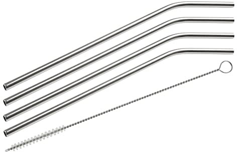 Fackelmann 54857 Lot de 4 pailles incurvées en inox avec goupillon, pailles en inox incurvées, pailles réutilisables, pailles et goupillon de nettoyage, Acier inoxydable, Nylon, Argenté, 24 cm