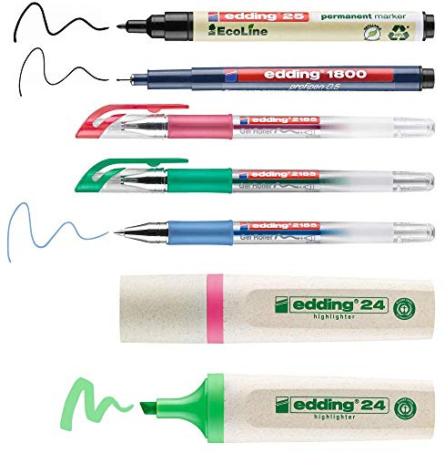 edding - Personal Set für den Schreibtisch - 7er Schreibset Büro - 1 Fineliner, 3 Gelstifte, 1 Permanentmarker, 2 Textmarker - Schreiben, Markieren auf Papier - Stifteset für Büro oder Home Office