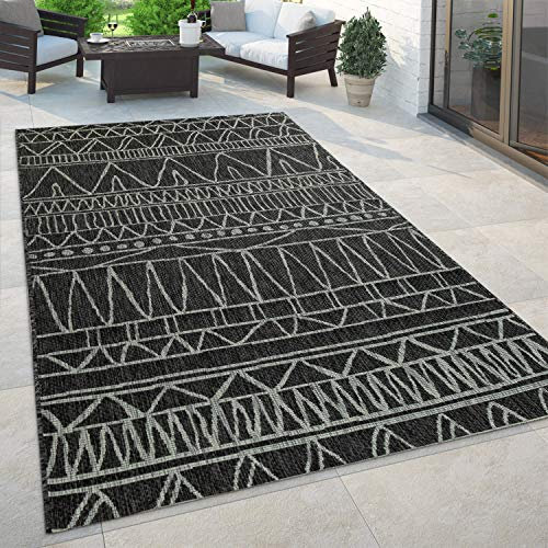 Paco Home In- & Outdoor Teppich Flachgewebe mit Palmen- & Boho-Muster in Sisaloptik Modern langlebig, robust & wetterfest Ideal für Terrasse, Garten & Balkon, Grösse:160x220 cm, Farbe:Schwarz