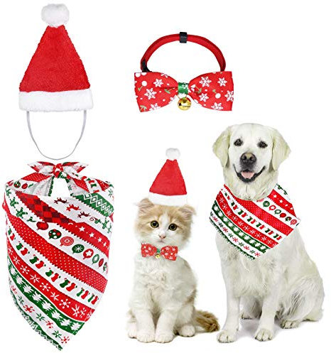 MELLIEX 3 Stück Weihnachten Katzenkostüm Hundekostüm mit Weihnachtsmütze Fliege Halsband Halstuch, Hunde Katzen Kostüm Zubehör Set