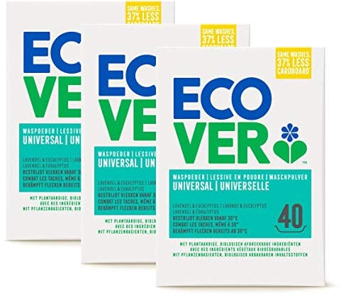Ecover Universalwaschmittel, Pulver, Lavendelduft, natürlicher Ursprung, umweltfreundlich und sanft für Ihre Haut, für farbige und weiße Wäsche, 3 x 3 kg