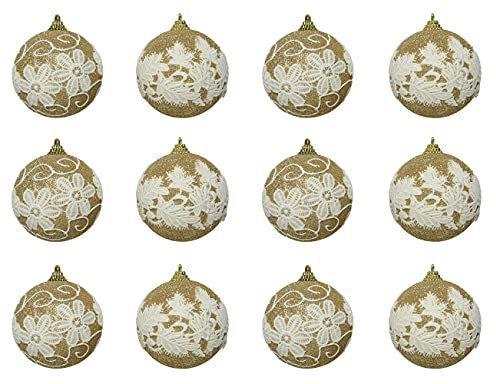 Decoris Weihnachtskugeln Kunststoff 8cm x 12 Stück mit Spitze Natur Muster Christbaumkugeln Champagner Gold