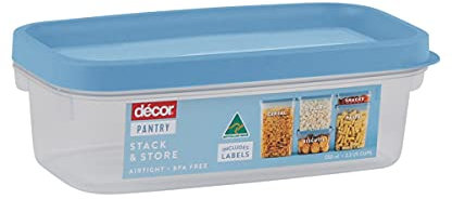 Decor Pantry Stack & Store Oblong Airtight Food Storage Container With Easy Peelable Lid Stackable Pantry Storage Containers & Food Storage Labels - Clear/Blue - 550ml