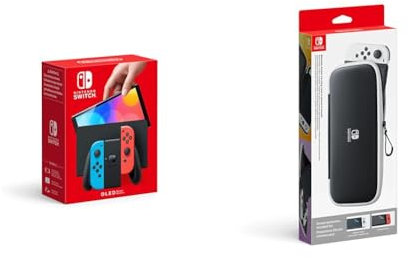 Nintendo Switch-Tasche & -Schutzfolie - Schwarz/Weiß + Konsole (OLED-Modell) Neon-Rot/Neon-Blau