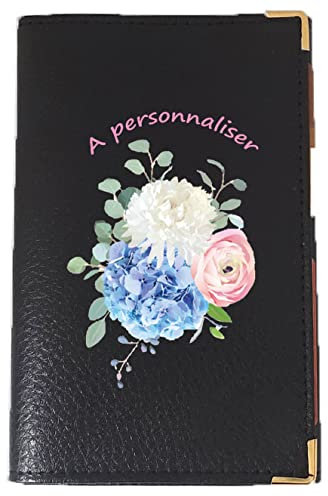 Syl'la Bouquet Fleur personnalisé avec Message Pochette Etui Protection Cuir Porte Carte Grise papiers Voiture permis de Conduire Noir pour Femme