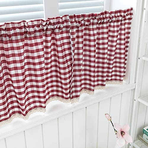 A.Monamour Gardine Scheibengardinen Kurzstores Leinen Rote Weiße Kariert Gingham Muster Weiße Spitze Kurzvorhang Kurzgardinen Küchengardine Küchenvorhang Volants Küche Fenster Kurz Vorhang