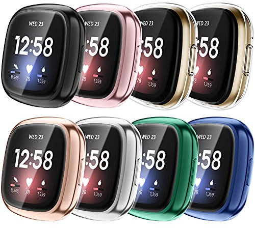 CaseBot 8 Pezzi Cover per Fitbit Versa 3/Fitbit Sense, Protezione Morbide TPU Custodia con Pellicola Protettiva