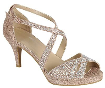 ABSOLEX Women's Cross strappy Open Toe Glitter Rhinestone Dressy/Party/Wedding Mid Pump Heel Sandal,, Rose Gold, 8 UK