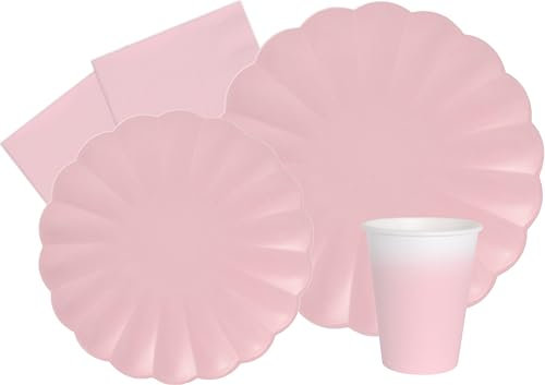 Ciao Partygeschirr Party-Set Flower Shape für 8 Personen (44 pcs: 8 Pappteller Ø23cm, 8 Pappteller Ø18cm, 8 Becher 250ml, 20 Servietten 33x33cm) aus eco-Friendly kompostierbarem Papier, Pastellrosa