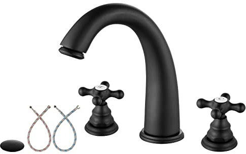 Aolemi Rubinetto da bagno diffuso Rubinetto per lavabo a 3 fori 8 pollici Due maniglie a croce in ottone massiccio Montaggio a ponte Pop Up Gruppo di scarico incluso Beccuccio curvo Nero opaco
