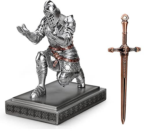 HDMbigmi King's Guard Knight Stiftehalter, Stifteständer, Schreibtisch-Organizer und Zubehör, Kunstharz-Stifthalter als Geschenk mit einem ausgefallenen Schwert für Büro und Zuhause (Silber)