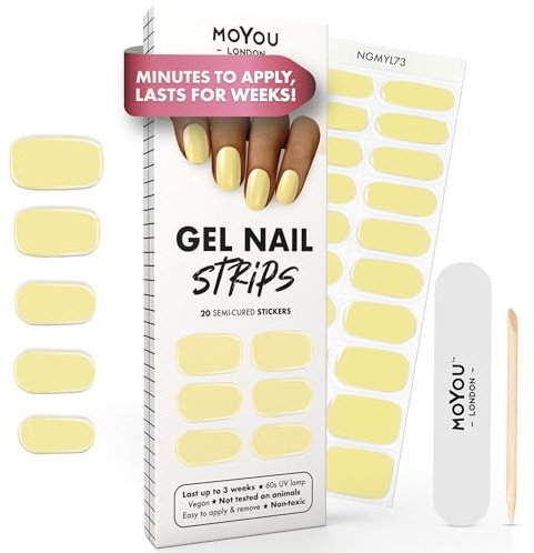 MOYOU LONDON Halbgehärtete UV Gel Strips - 20 Stück - Gel-Nagelfolien UV Härtend für Maniküre in Salonqualität - yellow macaroon