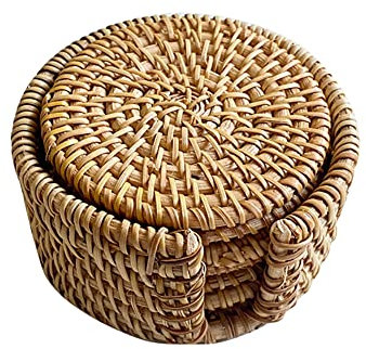 6er Rattan Untersetzer 8cm Rattan Tischsets Handgefertigte Gewebten Becheruntersetzern mit Halter,Hitzebeständige Platzdeckchen,Runde Natürliche Rattan-Tassenmatten für Getränke,Teetassen,Tischsets