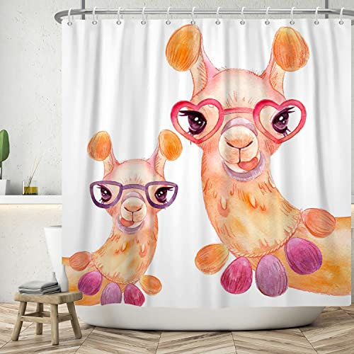 ASDCXZ Rideau de Douche Funny Alpaga 120x180 cm, Beau Alpaca Mama Baby Blanc Lavable Rideau de Douche en Textile imperméable pour Baignoire avec 8 Crochets