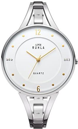 UMR RUHLA Damen Uhr - Edelstahl - Ø 45 mm, Quarz - weißes Zifferblatt mit goldenen Akzenten & Schmuck-Steinen - Mineralglas - Edelstahlarmband - Made in Germany