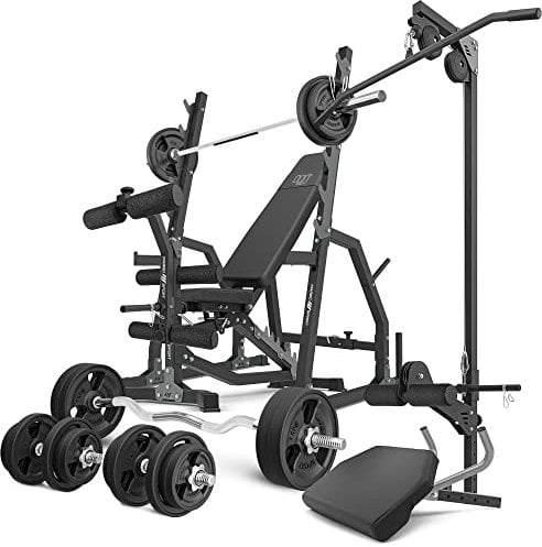 Marbo Sport Set MS36_2.0_113KG_G | Doppelseitige Bank + verstellbare Hantelablage + Curl Pult + Beinpresse + Latzug + Stangen- und Hantelscheiben gummiert Set 113 kg | Made in EU