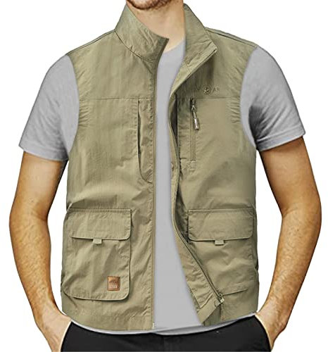 Gefomuofe Gilet da uomo estivo gilet estivo senza maniche gilet da pescatore giacca primaverile gilet sportivo da campeggio gilet da giornalista safari gilet con cerniera caccia fotografia, cachi, L