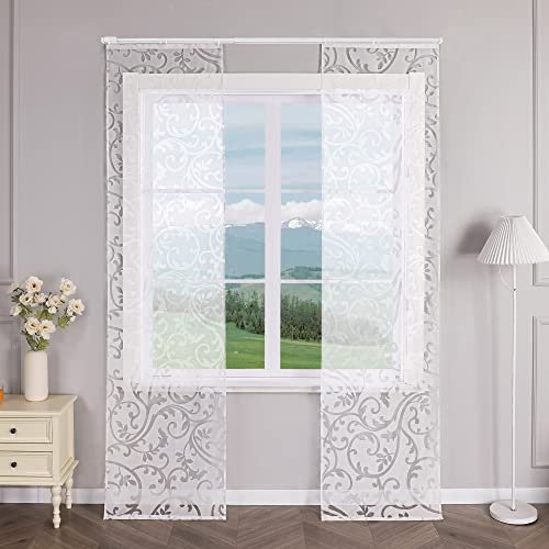 Delien 2er Set Schiebevorhänge Ausbrenner mit Ranken Muster Transparente Gardinen Modern Schiebe Flächenvorhänge Wohnzimmer Vorhang Fenster Gardinen Schals mit Klettband BxH 57x175cm,Weiß