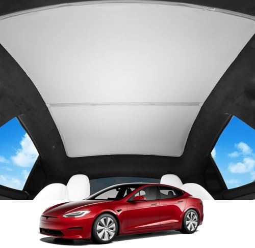 BASENOR 2025 2024 2023 2022 Tesla Model S Model S Plaid Glass Roof Sunshade UV Rays Protection Foldable Sunroof Sunshade Top Window Sun Shades for Tesla Model S Heat Isolate Split Type Upgraded Grey
