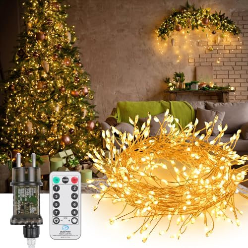 GuKKK LED Lichterkette aus Kupferdraht, 5M 300 LED Lichterkette Außen, Lichterkette Weihnachtsbaum Warmweiß mit Fernbedienung, Wasserdicht IP65, für Weihnachtsdeko Innen Außen Weihnachten Party (5M)