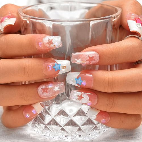 Sethexy Short Coffin Handmade False Nails - White French Tip, Stars, Sequins, 3D Design Press on Nails Women Salon Stick on Nails 10PCS