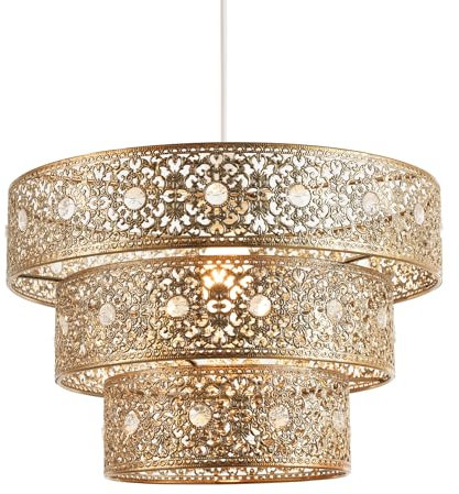 Traditional Polished Gold Acrylic Gem Moroccan Style Triple Tier Ornate Pendant Light Shade with Transparent Sparkly Beads | 60w Maximum | 30cm Diameter by Happy Homewares