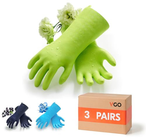 Vgo... 3 pairs Heavy Duty Cleaning Gloves Lined Nylon, Household Gloves Reuseable in TPE Latex Free, Thicker Washing Up Gloves for Kitchen Bathroom Gardening Painting, with Flower Flavor