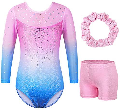 ZNYUNE gymnastikanzug hose mädchen turnanzug Ärmellos/langarm turnkleidung mädchen gymnastik Tumbling Tanz hose KHB272_PinkBlue 10A