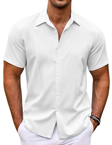 COOFANDY Men's Short Sleeve Cuban Shirt Summer Beach Shirts Guayabera Holiday Regular Fit Shirt White S