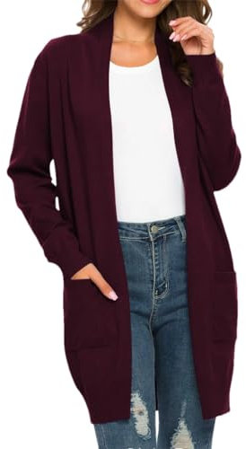 Cardigan da donna maglione autunnale aperto davanti cardigan oversize cardigan spolverino con tasche, Borgogna, M